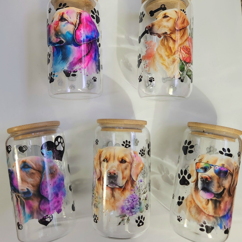Golden Retriever Dog Glass Tumbler Cup Bamboo Lid & Straw 16 oz
